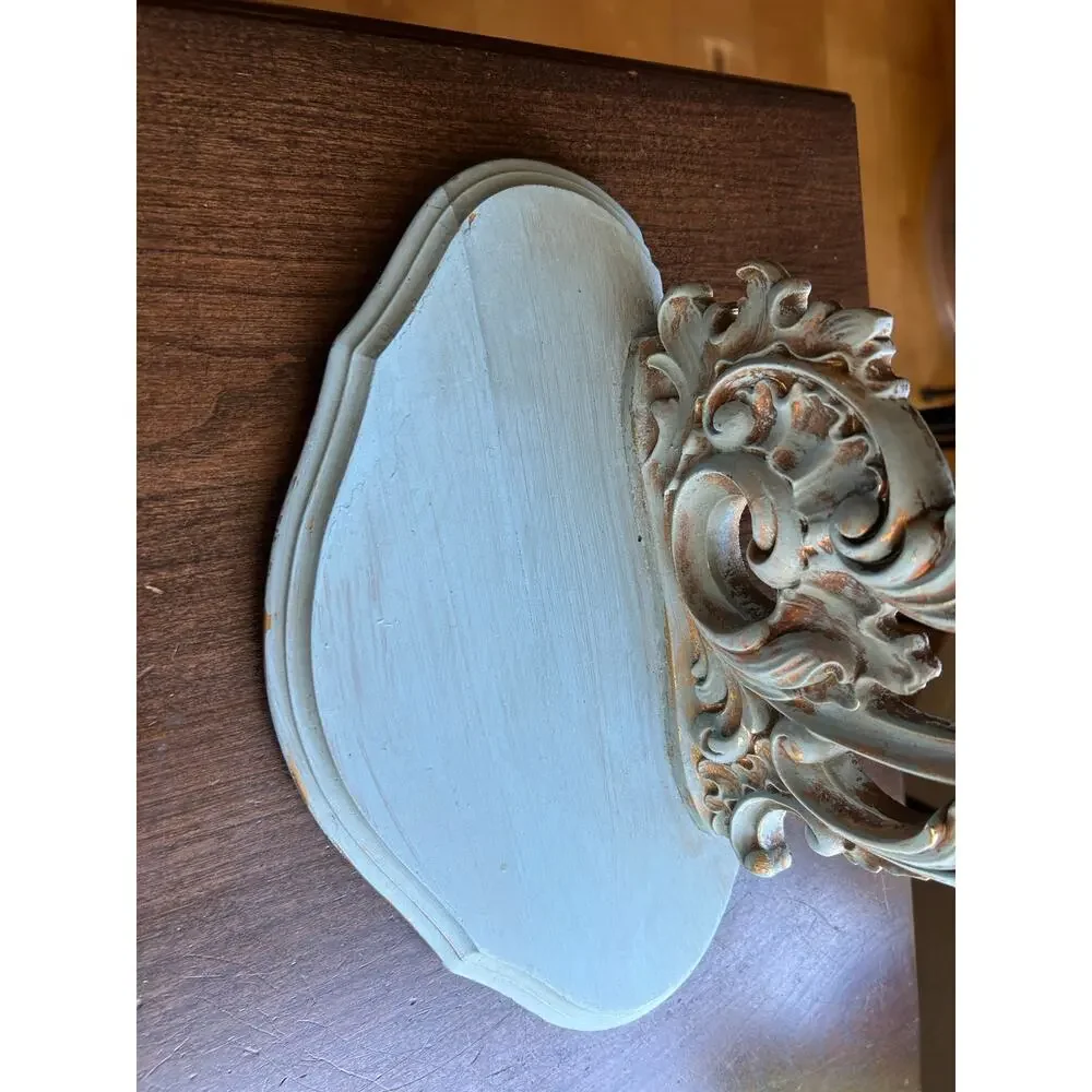 2 Vintage Syroco wood wall shelves shabby chic Regency gold light blue paint 12”